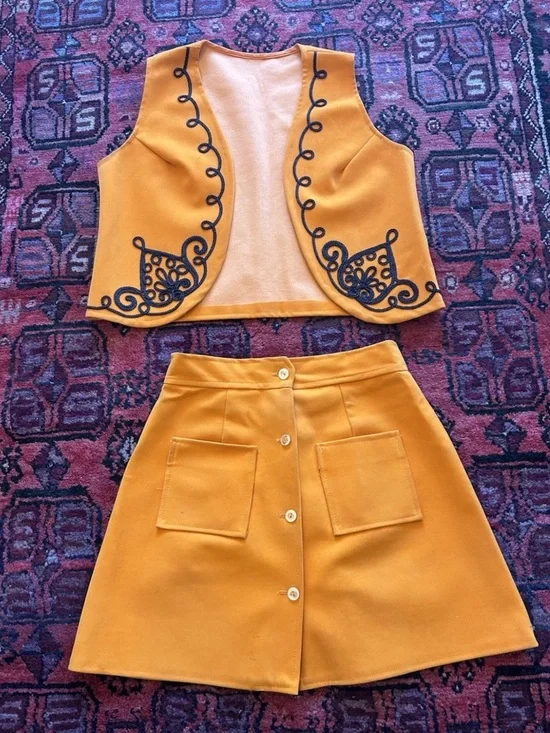 Vintage 70s Orange Skirt Set Embroidered Vest Mod Boho XS/S Coachella - Picture 11 of 11